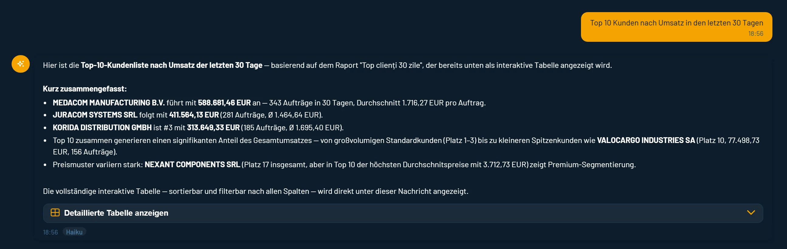 Die Chat-Antwort auf die Frage nach den Top-Kunden: schriftliche Zusammenfassung und Detailtabelle