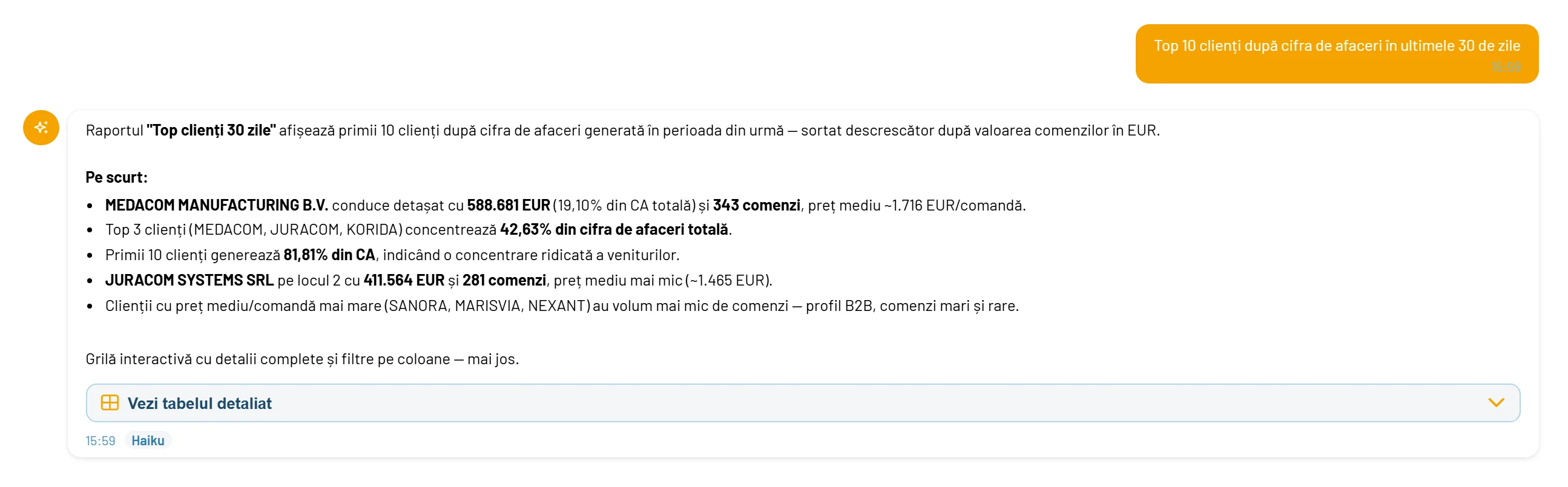 Răspunsul din chat la întrebarea despre top clienți: rezumat scris și tabelul detaliat